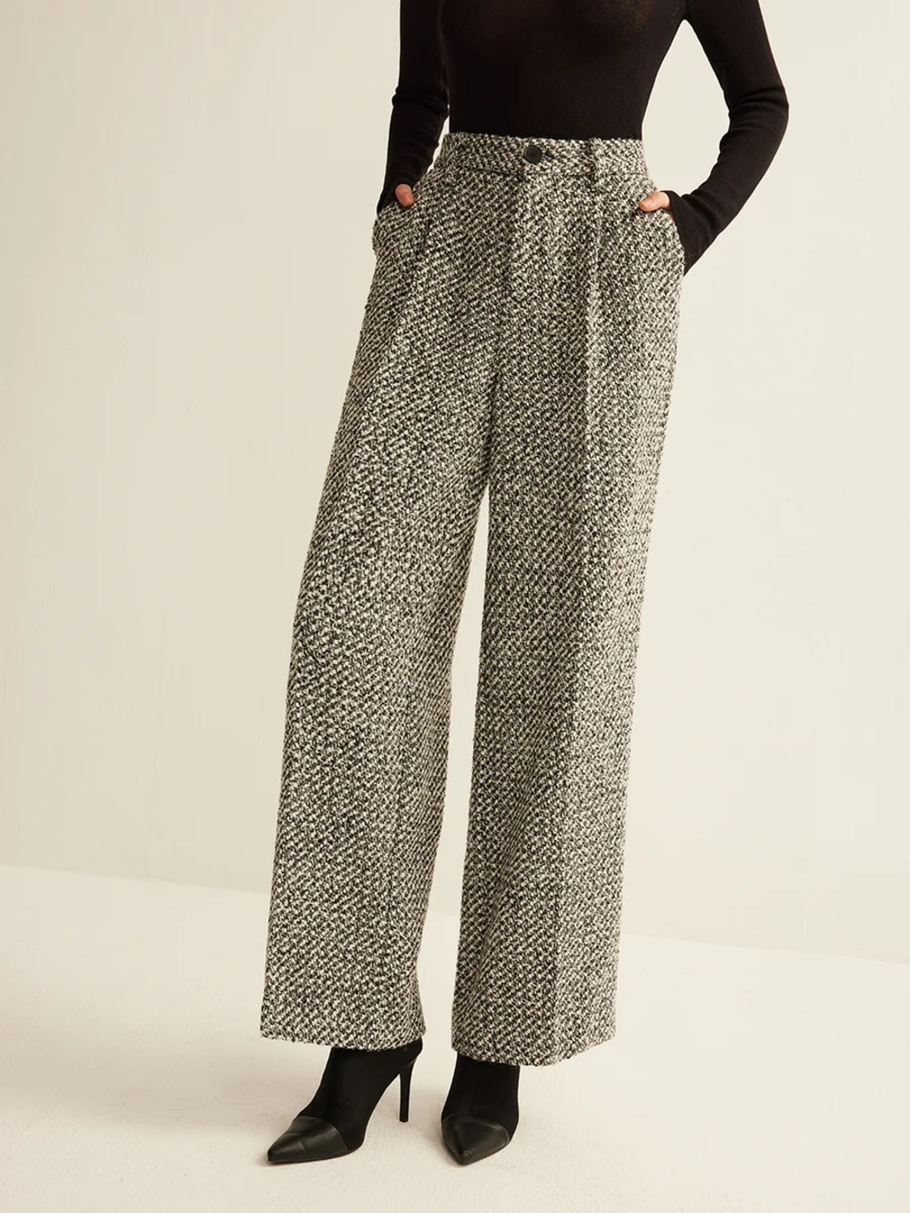 NWT Commense Wide-Leg Tweed Pants in Black, Grey & White Sz Small